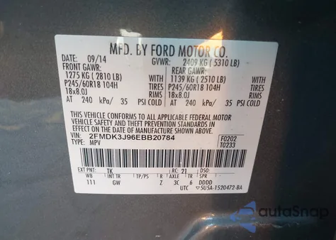 2014 Ford Edge Sel z USA, uszkodzony, nr VIN 2FMDK3J96EBB20784